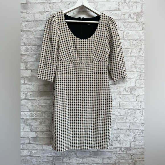Ann Taylor stretch knit houndstooth dress women’s 4 3/4 length sleeves cream - Picture 1 of 8